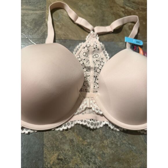 Maidenform racerback pink front closure bra with lace detailing 38C - Picture 2 of 5